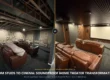 Before and after soundproof home cinema transformation by M&M Legacy Home Improvement featuring acoustic wood slats and hidden doors