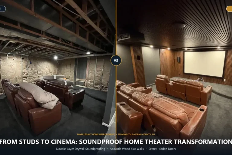 Before and after soundproof home cinema transformation by M&M Legacy Home Improvement featuring acoustic wood slats and hidden doors