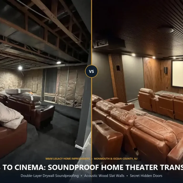 before-after-home-cinema Before and after soundproof home cinema transformation by M&M Legacy Home Improvement featuring acoustic wood slats and hidden doors