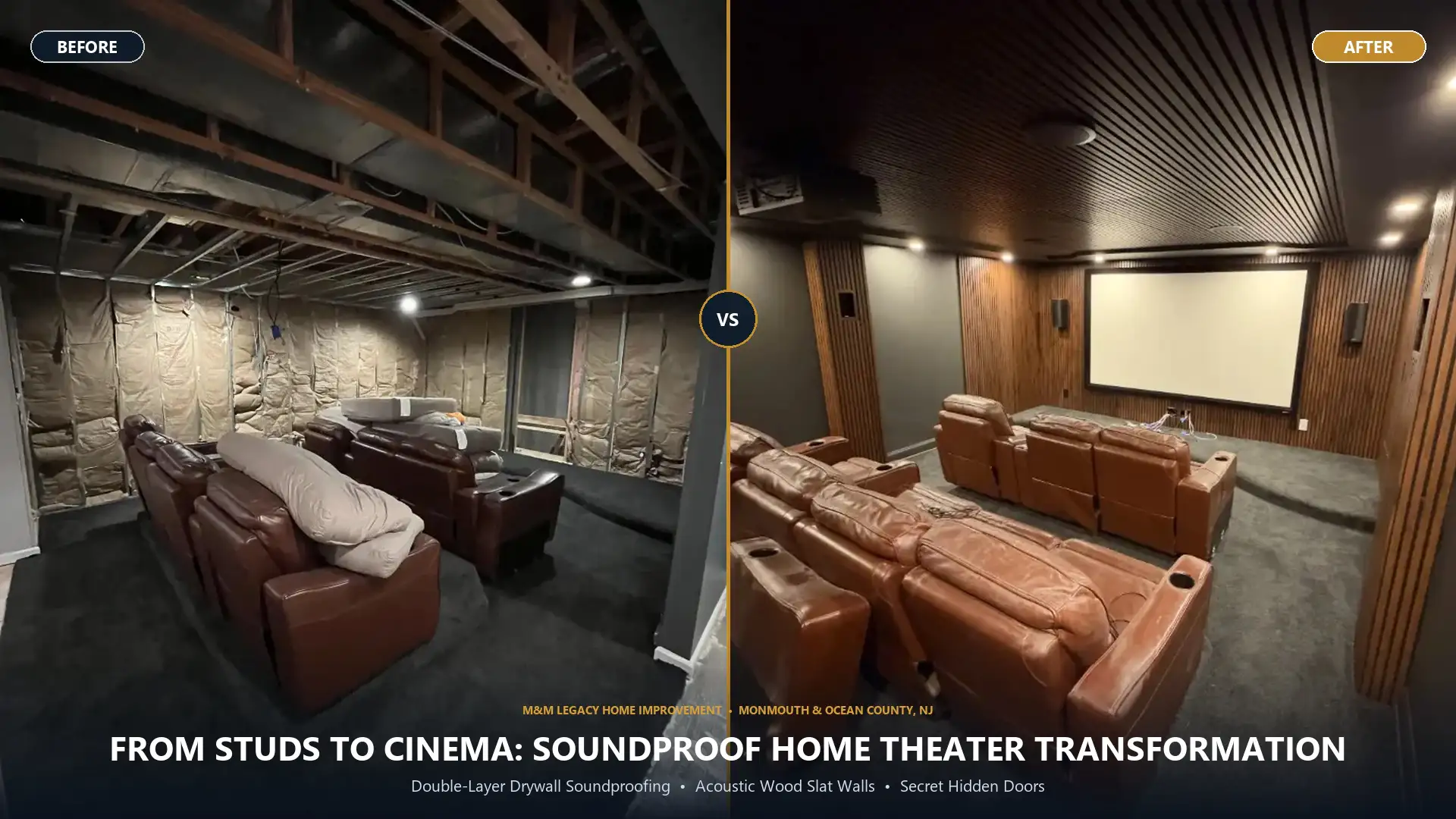 Before and after soundproof home cinema transformation by M&M Legacy Home Improvement featuring acoustic wood slats and hidden doors