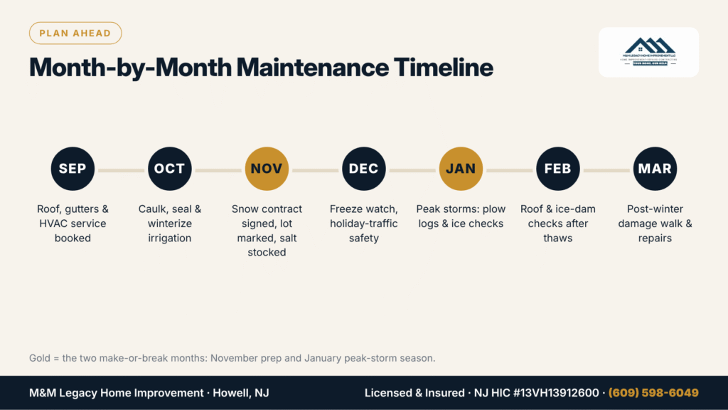 Month-by-month commercial property maintenance timeline Monmouth County NJ, September to March