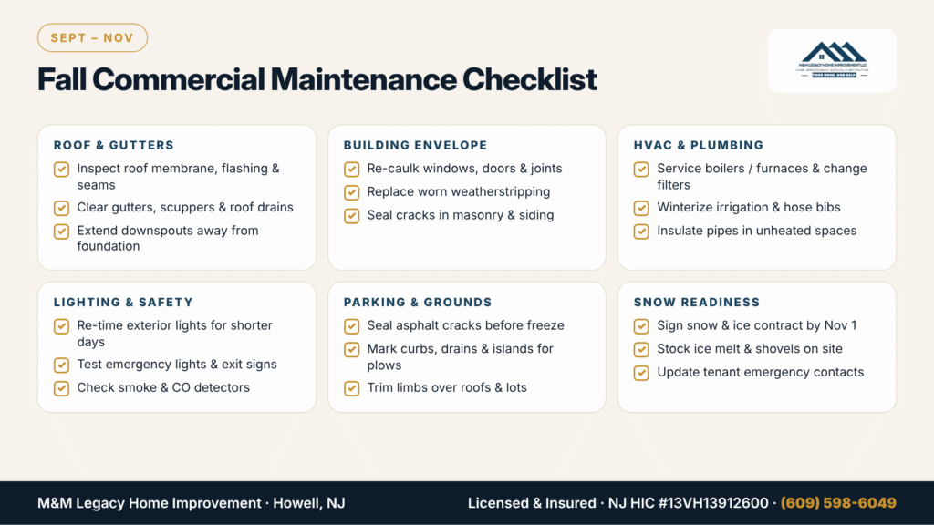 Fall commercial property maintenance checklist NJ: roof, envelope, HVAC, lighting, parking and snow readiness