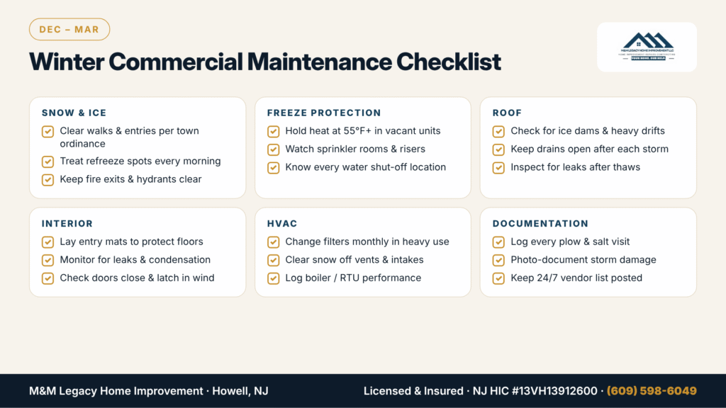 Winter commercial property maintenance checklist NJ – snow and ice, freeze protection and roof checks